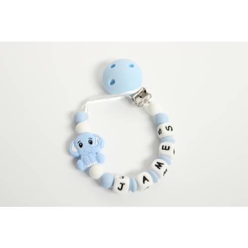 Personalised Elephant dummy clip,  Pacifier Clip: Baby Boy Soother Holder, Silicone Beads
