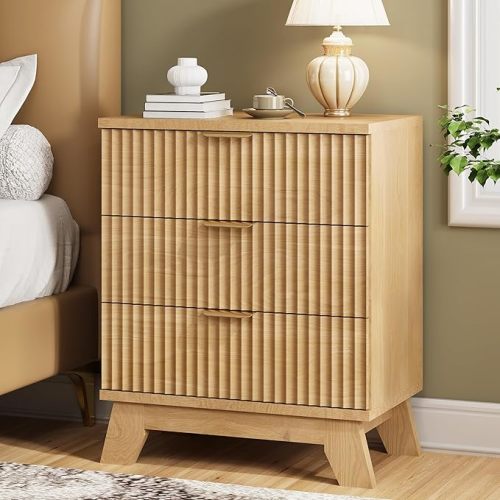 Xixini Fluted Nightstand, 24" Wide Side Table with 3 Large Storage Drawers, Mid Century Modern Wood Night Stand with Metal Handle, Wooden Bedside End Table for Bedroom, Natural Oak