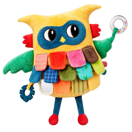 JoyCat Sensory Owl Baby Toy with Crinkle Feathers & Mirror, 0-12 Months | Colorful soft owl with crinkle feather flaps and mirror supports tummy time, sensory discovery and gifting.