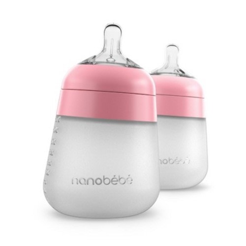 nanobebe Flexy Silicone Baby Bottle Anti-Colic Nipple, Soft Body, Stable Base - Pink - 9oz/2pk