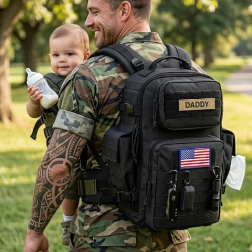 SHARKMOUTH Military Diaper Bag for Men: 40L MOLLE Backpack for Tactical Dads - 900D Waterproof Military Grade Gear for Work Commute/Hiking Camping Outdoor Activities (Black)