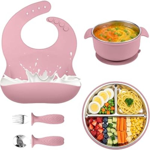 5-in-1 Stainless Steel Baby Feeding Set with Suction Plate & Spoon