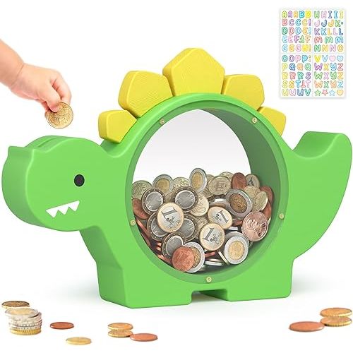 Summidate Wooden Dinosaur Piggy Bank for Kids Boys, Cute Wood Dino Money Bank for Toddlers, Creative Saving Coin Jar, Personalized Present for Child Birthday & Decor (Green, Standard)