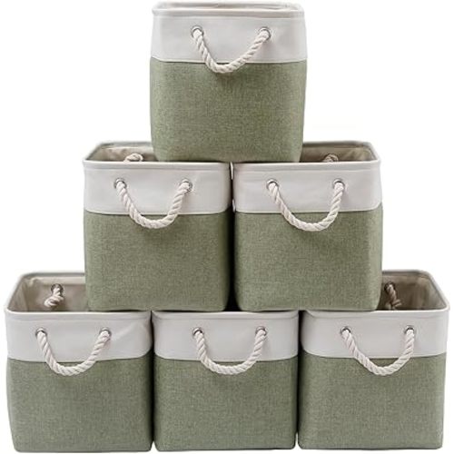 Fabric Storage Cubes, 11 inch cube storage bin with Handles, 11x11cube storage organizer bins, Collapsible Storage Bins for Shelves and Home, Cubby Storage Bins (white-green, 10.5x10.5x11in)