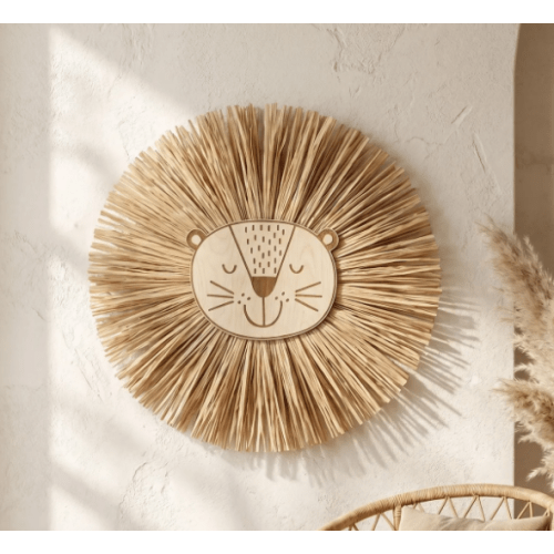 Raffia Lion Wall Hanging, Safari Nursery Decor for Kids Room, Boho Animal Wall Art Gift