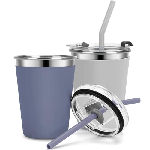 Vermida Kids Cups with Straws and Lids Leak Proof, 12oz Sippy Cups for Toddlers 1-3, 2 Pack Spill Proof Cup Stainless Steel Kids Cups with Lids for School, Outdoor (Dark Gray & Gray)