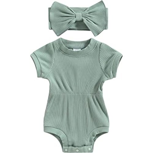 Baby Girl Outfit Knit Onesie+Bow Headband Short Sleeve Romper Newborn Coming Home Outfit Infant Summer Clothes