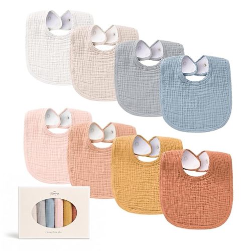 Konssy 8-Pack Muslin Baby Bibs, Adjustable Fit for Drooling and Teething