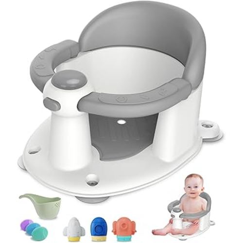 Baby Bath Seat for Babies 6 Months & up, 3 Baby Bath Toys, Non-Slip Baby Bath Seat, Safe & Comfortable Baby Bath Support, for Bathtub/Living Room/Shower Room, Grey