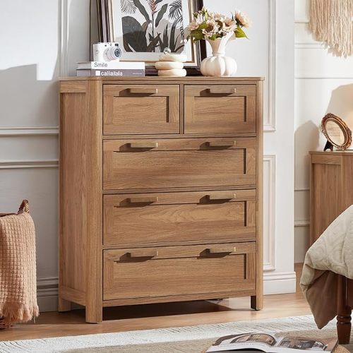 Joaxswe Farmhouse 5 Drawer Dresser for Bedroom, Vertical Dressers Chest of Drawers with 5 Deep Drawers & 4 Thickened Table Legs, Brown