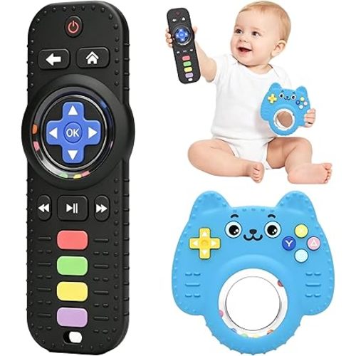 Chuya 2 Pack Baby Toys for Infants 0-24 Months, Remote Control Teether Silicone Baby Rattles with Sensory Relief, Gift for Boys Girls