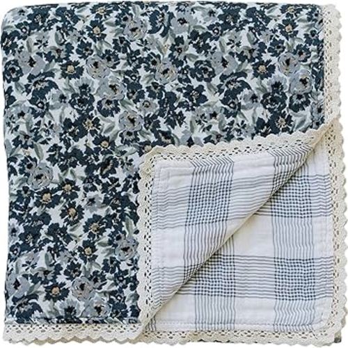 Mebie Baby Quilt, Liberty Floral and Coastal Plaid, 100% Cotton Muslin Baby Blanket for Girls & Boys, Newborns to Toddler, Soft Swaddle Blankets, 47"x47"