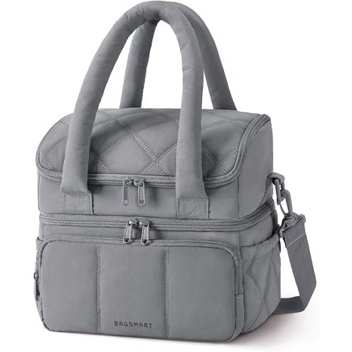 BAGSMART Lunch Bag Women, Double Deck Insulated Lunch Box, Quilted Puffer Lunch Tote, Leakproof, Durable & Reusable Large Lunch Cooler For Work Picnic Travel Meal Prep, Gray
