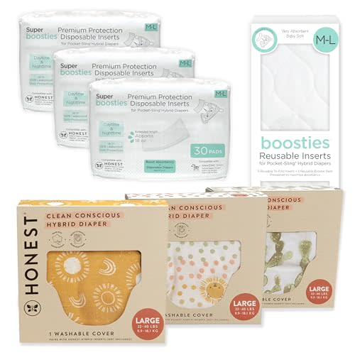 Honest Hybrid Cloth Diaper Cover + Super Boosties Disposable Inserts 90ct + Reusable Inserts, Large (22-40 lbs), Cotton Muslin Honest Covers Feature Pocket-Sling, Bonus Starter Kit