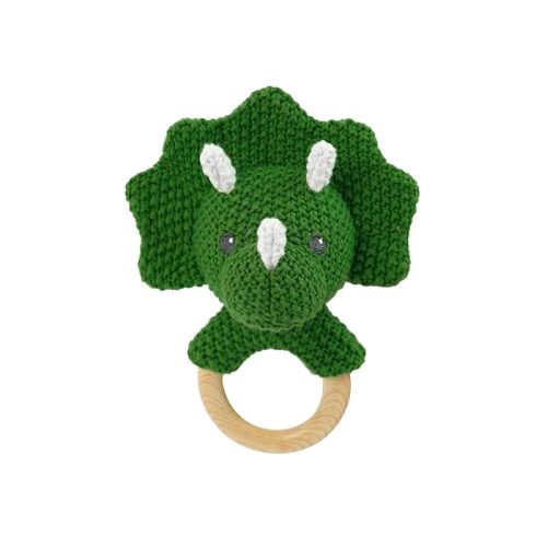 Baby Toys Stuffed Animals Handbell,Triceratops Rattle Toy Wooden Rattle Toys for Baby,Knit Stuffed Animal Cute Rattle with Teether Ring Newborn Birthday Gifts(Triceratops)