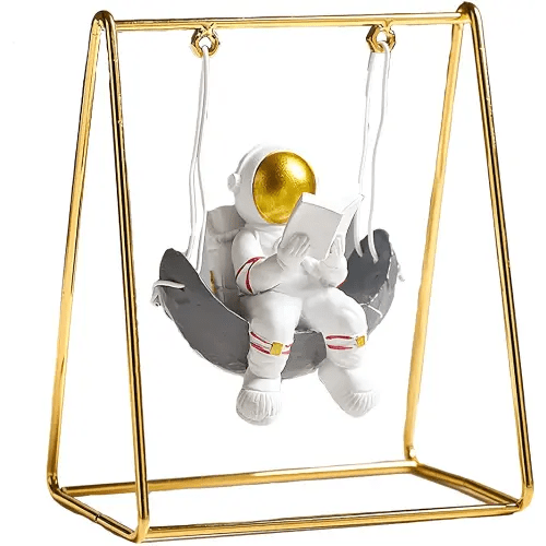 Astronaut Figurine Statue, Reading on Swing Figure Sculpture for Room Shelf & Desk Decor, Outer Space Themed Bedroom Decor, Spaceman Cake Topper Decoration Ornament Model
