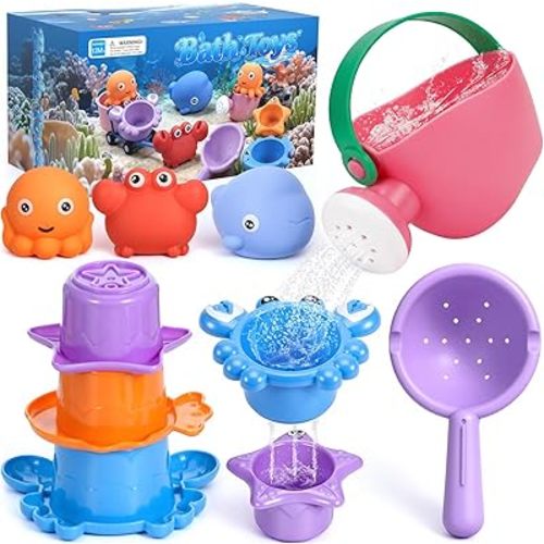 9 PCS Baby Bath Toys for Kids Ages 1-3, Mold Free Toddler Bath Toys for 2-4 with 3 No Hole Ocean Sea Animals and Storage Bag, Bathtub Beach Sand Water Table Toys for 1 2 3 Years Old Girls Boys Gifts