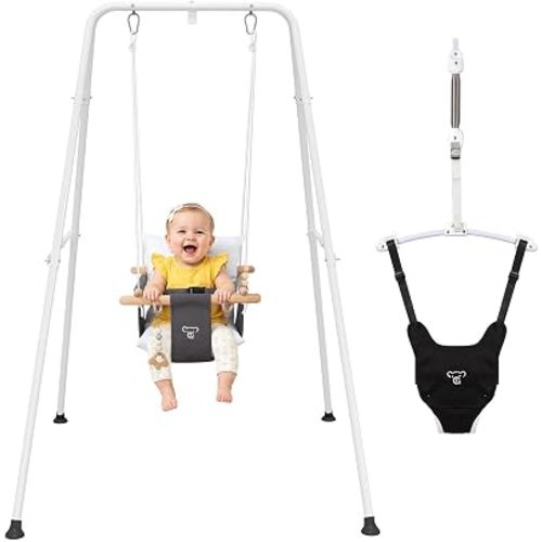 RAGOZONERY 2 in 1 Baby Jumper with Toddler Swing, Baby Jumpers and Bouncers,Indoor Outdoor Toddler Swing Set, Cotton (Black)