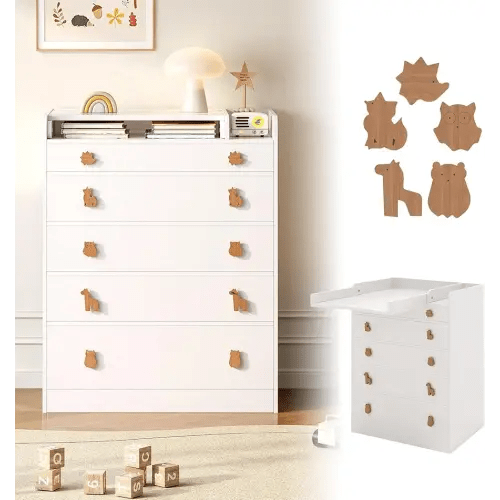 Changing Table Dresser, Nursery Baby Dresser with Foldable Table top and 5 Drawers, Modern Baby Changing Table, Diaper Changing Station for Children's Room, White