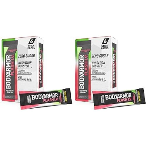 BODYARMOR Flash IV Electrolyte Packets, Strawberry Kiwi - Zero Sugar Drink Mix, Single Serve Packs, Coconut Water Powder (6 Count) (Pack of 2)