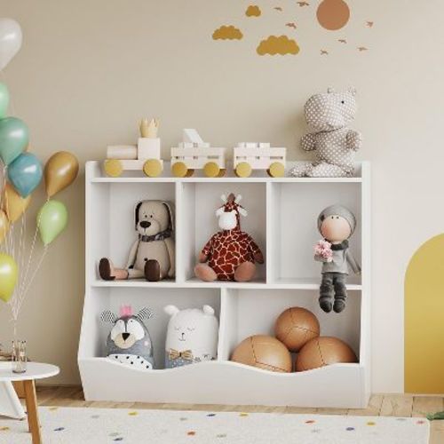 3-Tier White Kids Bookshelf and Toy Storage, Toddler 5 Cubby Toy Storage Cabinet, Children Small Bookcase for Bedroom, Playroom, School, Living Room