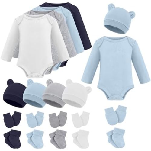 Liitrsh 4 Set Preemie Layette Bodysuit Long Sleeve Outfit Clothes Hat Mittens Socks for Nicu Premature Baby Boys Girls Gifts