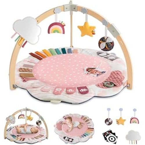 Blissful Diary Baby Play Gym & Activity Mat, 5 Developmental Zones Wooden Tummy Time Mat with 5 Detachable Sensory Toys for Motor Skills & Sensory Development, Baby Essentials Shower Gift, Pink Flower