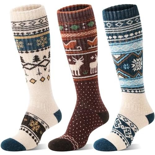3 Pairs Merino Wool Ski Socks for Womens Mens Thermal Winter Warm Thick Knee High Socks for Skiing Snowboarding