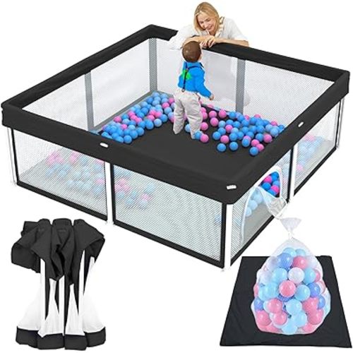 TOREVSIOR Foldable Baby Playpen with Mat, 50"×50" Collapsible Play Pen for Babies and Toddlers, Indoor & Outdoor Kids Safety Play Pen, Portable Play Yard, Foldable Baby Playpen with 50 Ocean Balls