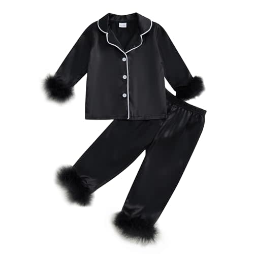 Toddler Baby Girl Satin Pajamas Set Fuzzy Trim Button Down Sleep Shirt Top Pants Bottoms Sleepwear Loungewear Set