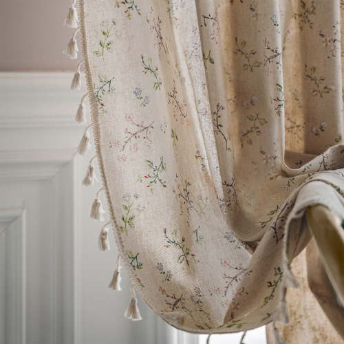 TURKIO Farmhouse Boho Floral Linen Semi- Blackout Curtains - 84 inches, Beige,for Bedroom, Living Room, and Home Decor