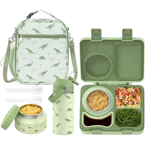 Bento Lunch Box for Kids Adult, Leakproof 3-4 Compartment Bento Box Set with Insulated Food Jar,Water Bottle, Lunch Bag, School Lunch Container for Toddler Teen Girls Boys Ages 3+(Dinosaur)