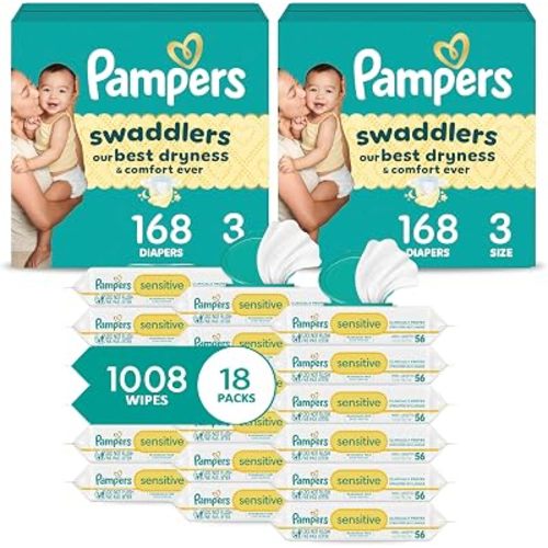 Pampers Swaddlers Disposable Baby Diapers Size 3, 2 Month Supply (2 x 168 Count) Sensitive Water Based Baby Wipes 12X Multi Pack Pop-Top and Refill (1008 Count) [Packaging May Vary]