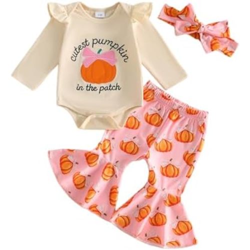 Baby Girl Halloween Outfit Pumpkin Romper and Flare Pants Sets Fall Clothes