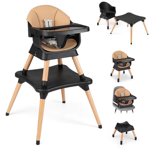 BABY JOY High Chair, 9-in-1 Convertible Highchairs for Babies and Toddlers, Booster Seat | Table & Chair Set | Stool, Adjustable Legs, Removable Tray, Safety Harness & PU Cushion (Brown)