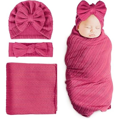 DRESHOW BQUBO Newborn Receiving Blanket Toddler Warm for Girls with Bow Hat and Bow Headband Shower Gift