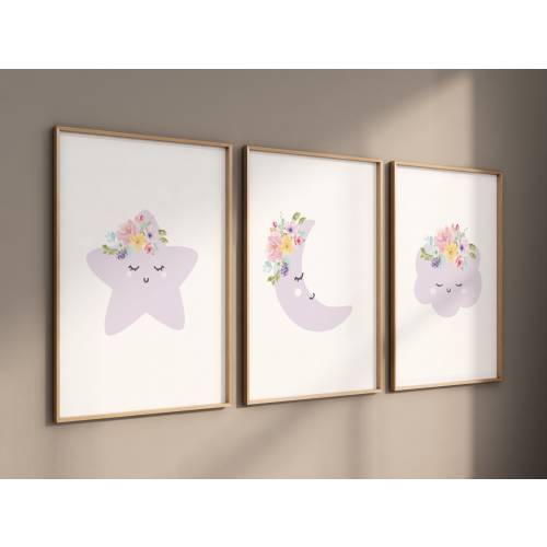 Purple Moon Nursery Print: Floral Star, Cloud, Lilac Decor