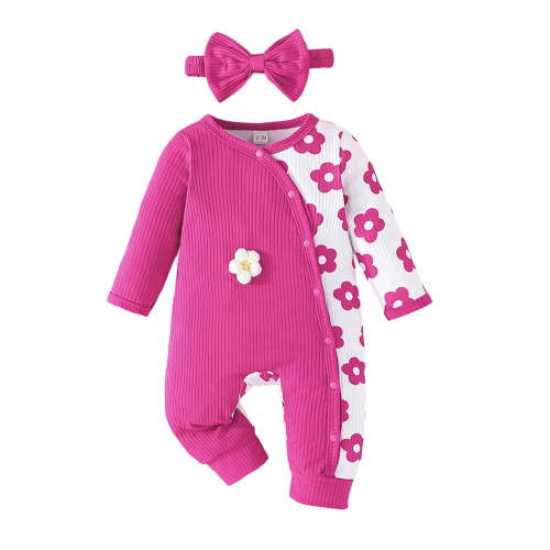 BemeyourBBs Baby Girls Romper Flower Print Long Sleeve Jumpsuit with Bow Headband