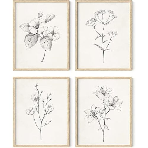 HAUS AND HUES Framed Vintage Botanical Prints - Set of 4 Framed Farmhouse Bedroom Wall Decor, Rustic Art for Bathroom, Farmhouse Decor Pictures for Living Room, Boho Decor (11x14, Beige Framed)