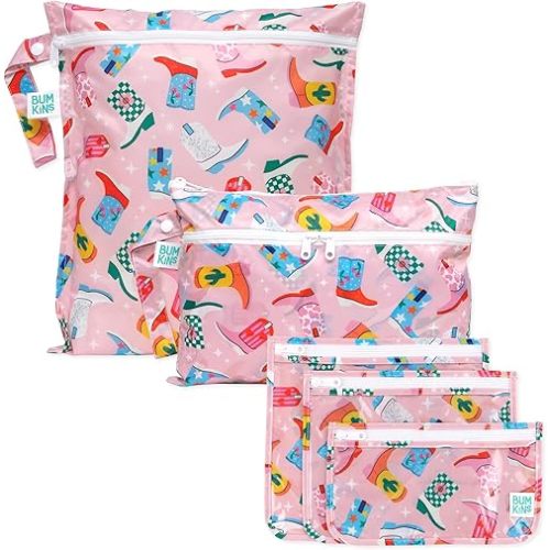 Bumkins - Waterproof Wet Bag, Wet/Dry Clutch & Clear Travel Bags - For Beach, Baby, Travel, Cloth Diapers, Pump Parts, Pool, Gym, Toiletries - Reusable & Easy to Clean - Cowgirl Boots - 5 Pack