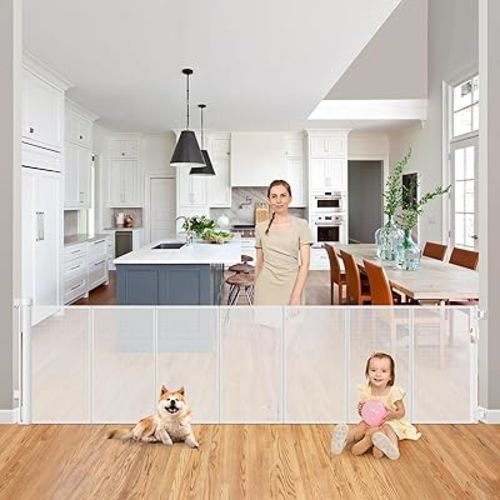 Reinforced 200 Inch Extra Long Dog Gate Indoor 33” Tall Outdoor Retractable Baby Gates for Doorways Extra Wide 16ft Bottom Anti-Crawl Indoor Extra Long Baby Gate Retractable Dog Fence/Barrier, White