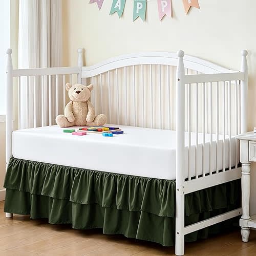 Cobedzy Ruffled Crib Bed Skirt 28"x 52" with 14" Drop, Soft Double Layer Nursery Dust Ruffle Skirt for Toddler Bedding/Baby Crib(Olive Green)