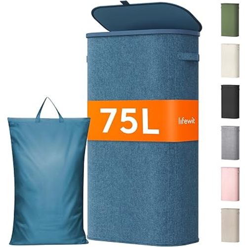 Lifewit Slim Laundry Basket with Lid, Narrow Large Laundry Hamper with Plastic Handles and Removable Bag, Tall Foldable Dirty Clothes Hampers for Laundry Room, Bedroom, Bathroom, Dorm, 75L Dark Blue