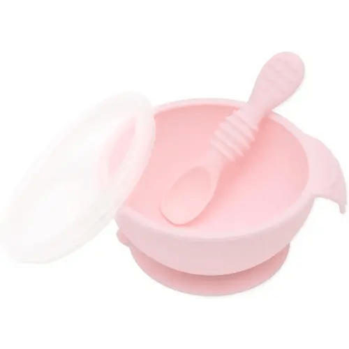 Bumkins Baby Bowl, Silicone Baby Feeding Set with Suction for Baby and Toddler, Includes Spoon and Lid, First Feeding Set, Essential for Baby Led Weaning for Babies 4 Months, Pink
