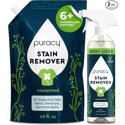 Puracy Stain Remover, Natural Based Travel and Laundry Stain Cleaner for Clothes, Baby Essentials, Kids Stains, Oil and Fabric Spot Cleaner, Unscented (Stain Remover Spray and Refill, 64 fl oz)