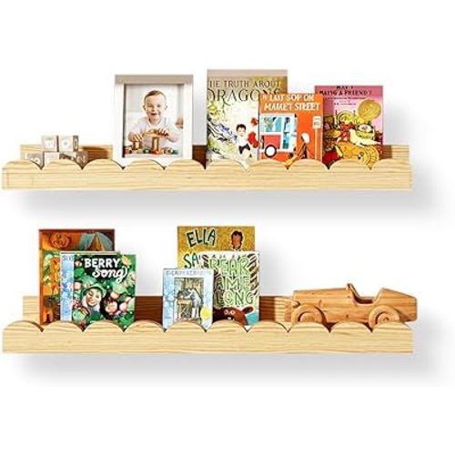 Nursery Floating Shelves for Kids Room, 2 Pack 23.6 Inch Natural Wood Wall Shelves with Scalloped Edge, Kids Bookshelves for Toddler Bedroom, Playroom, Baby Nursery Decor