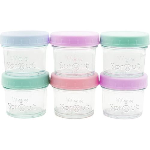 WeeSprout 6pk Baby Food Storage Glass Jars w/Lids (4 oz, 6 Pack) Pastel Variety, Snack, Reusable Small Containers, Fridge or Freezer, Microwave & Dishwasher Safe, Essentials for Infants