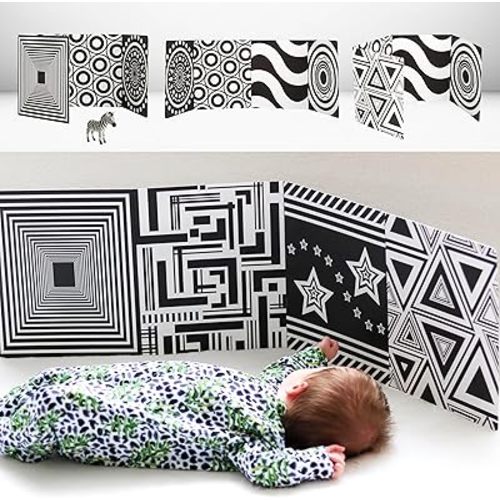 My Little Learner - Supersized High Contrast Baby Sensory Fold-Out Board for 0 6 Months - Newborn Sensory Toys - Black and White Baby Book - Thick Stand Up Sensory Cards - Black and White Baby Toys