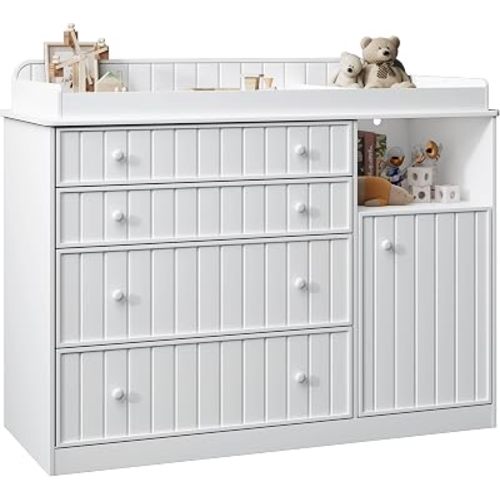 White Changing Table Dresser with 4 Drawers, Baby Nursery Diaper Table