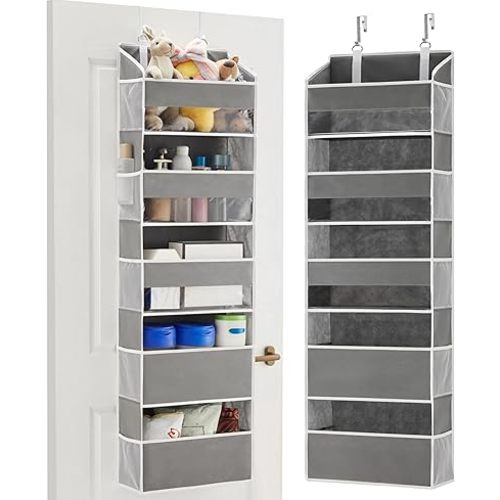 Over Door Hanging Organizer with 5 Large Pockets, 10 Side Pockets, Upto 50lbs Larger Loading Capacity with Clear Window, for Bathroom, Toys, Shoes, Nersery, Diapers, Light Gray, 5 Layers